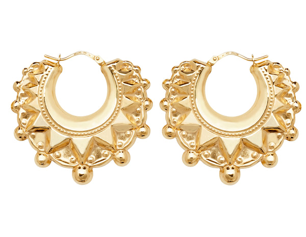9ct Gold Large Creole Hoop Earrings - Victorian Style Diamond Cut Pattern (UK Hallmarked)