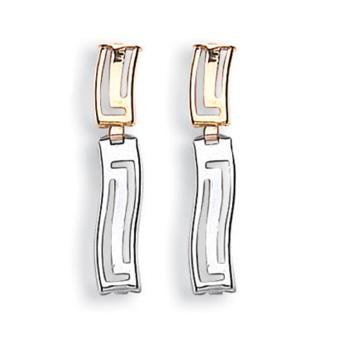 9ct 2 Colour Gold Greek Design Drop Earrings