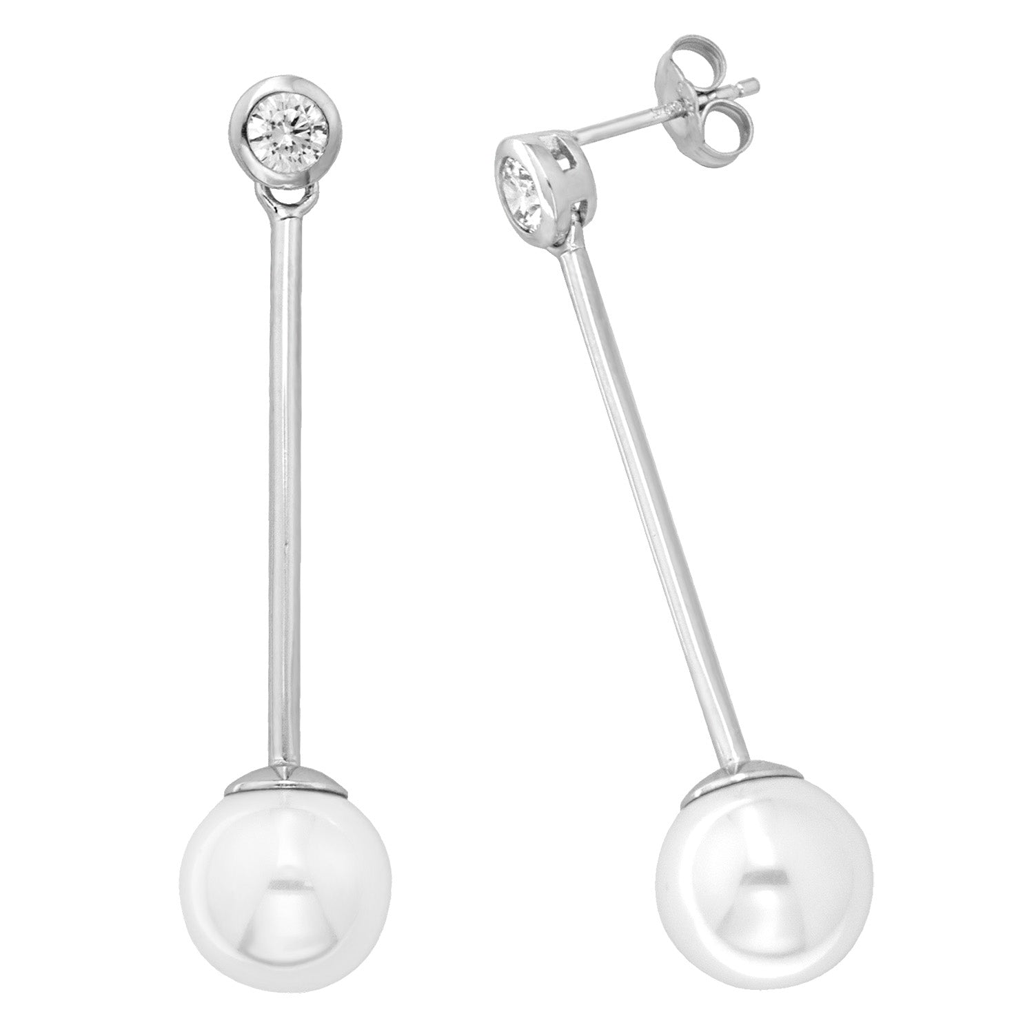 Sterling Silver Freshwater Pearl CZ Drop Earrings.